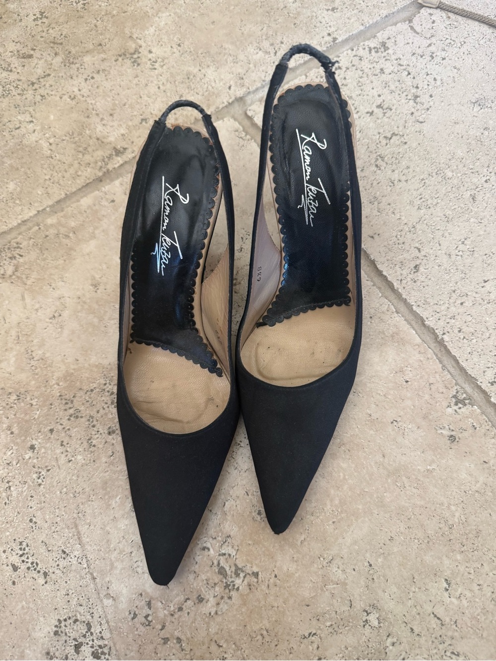 Ramon Tenza Black Pointed Slingback Pumps with rhinestones